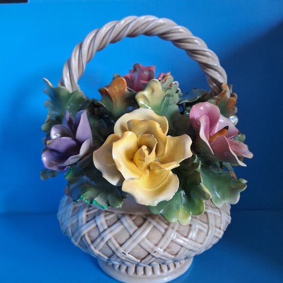 Vintage Capodimonte Centerpiece Pink Yellow Blue Lavender Flower Basket / Italy - Picture 3 of 8